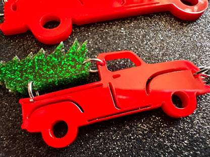 Christmas Truck Earrings: Laser Cut Acrylic Christmas Trees, Red Truck, X-mas, Xmas, Green Earrings, Winter, Best Gifts for Her/Him/Them
