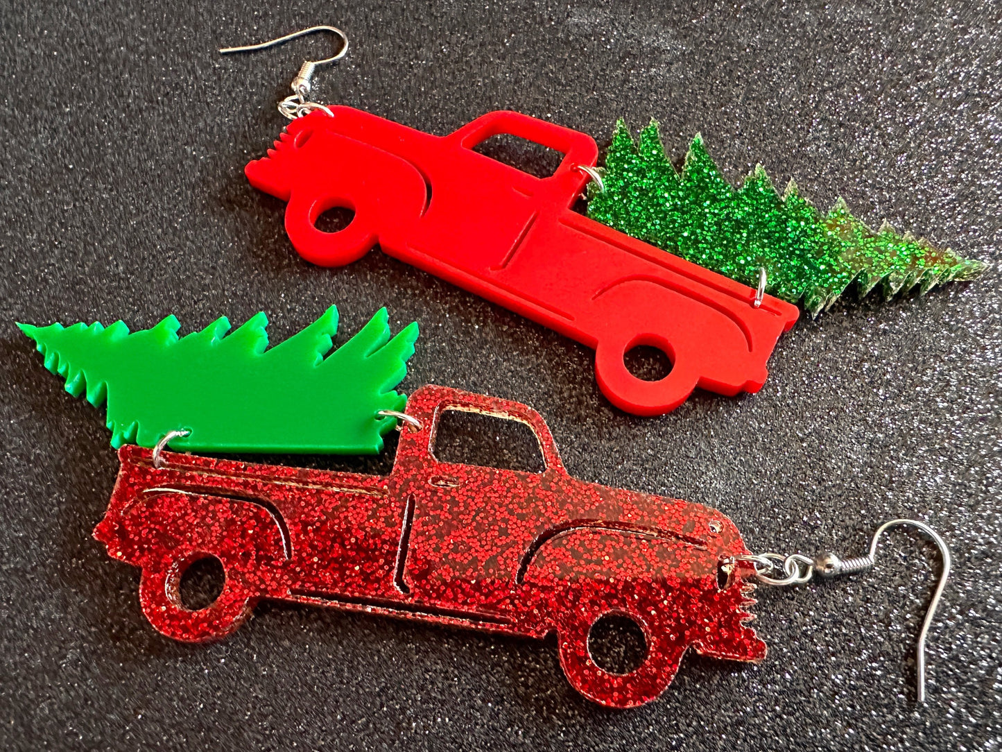 Christmas Truck Earrings: Laser Cut Acrylic Christmas Trees, Red Truck, X-mas, Xmas, Green Earrings, Winter, Best Gifts for Her/Him/Them