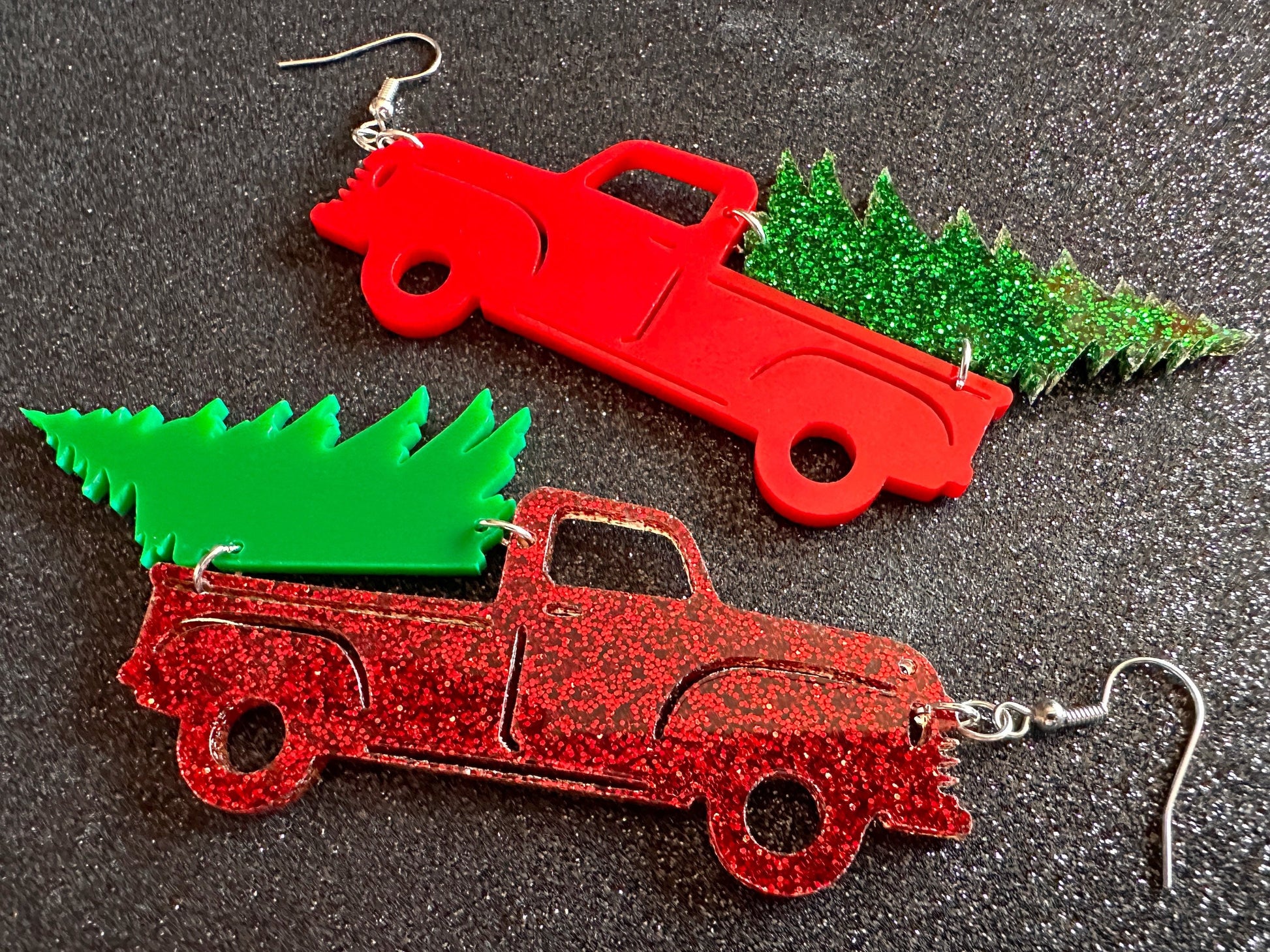 Christmas Truck Earrings: Laser Cut Acrylic Christmas Trees, Red Truck, X-mas, Xmas, Green Earrings, Winter, Best Gifts for Her/Him/Them