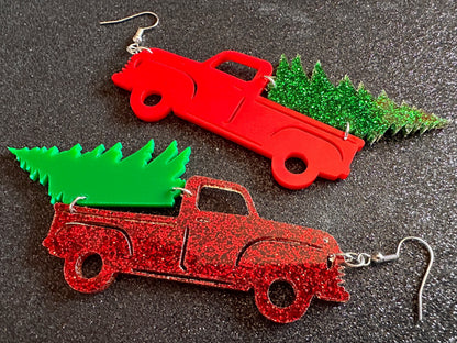 Christmas Truck Earrings: Laser Cut Acrylic Christmas Trees, Red Truck, X-mas, Xmas, Green Earrings, Winter, Best Gifts for Her/Him/Them