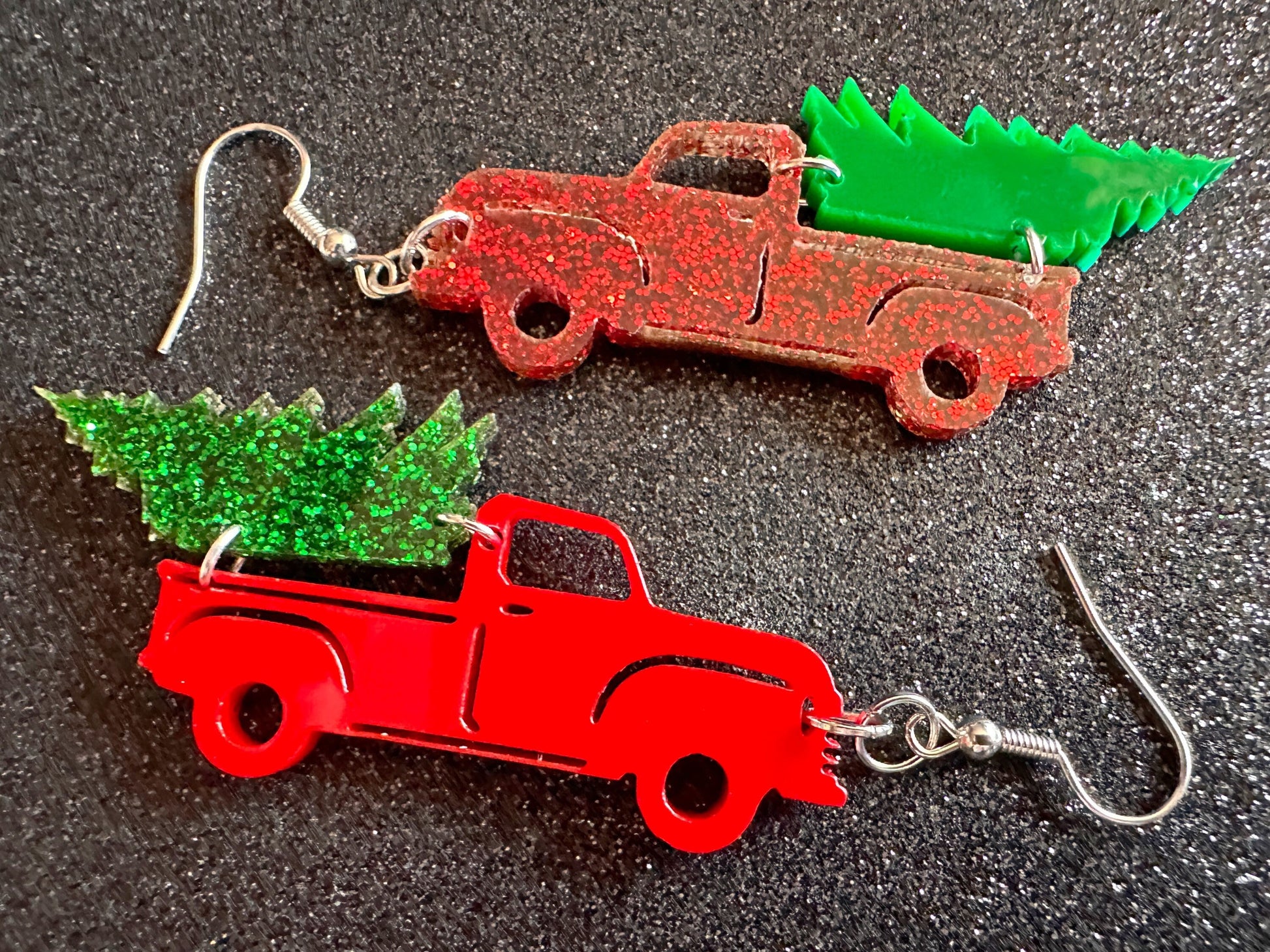 Christmas Truck Earrings: Laser Cut Acrylic Christmas Trees, Red Truck, X-mas, Xmas, Green Earrings, Winter, Best Gifts for Her/Him/Them