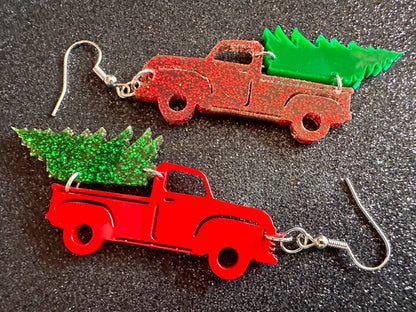 Christmas Truck Earrings: Laser Cut Acrylic Christmas Trees, Red Truck, X-mas, Xmas, Green Earrings, Winter, Best Gifts for Her/Him/Them