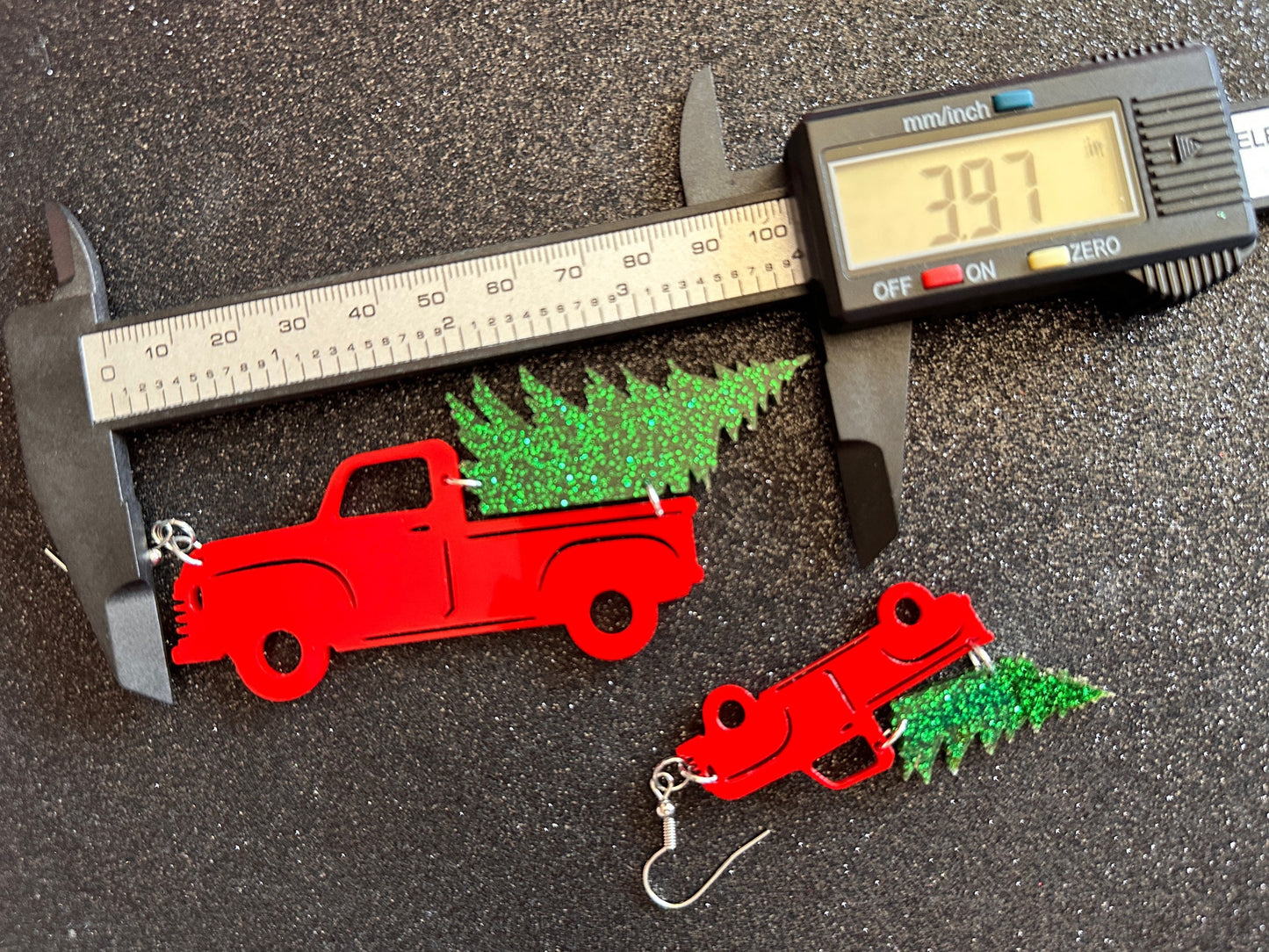 Christmas Truck Earrings: Laser Cut Acrylic Christmas Trees, Red Truck, X-mas, Xmas, Green Earrings, Winter, Best Gifts for Her/Him/Them