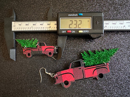Christmas Truck Earrings: Laser Cut Acrylic Christmas Trees, Red Truck, X-mas, Xmas, Green Earrings, Winter, Best Gifts for Her/Him/Them