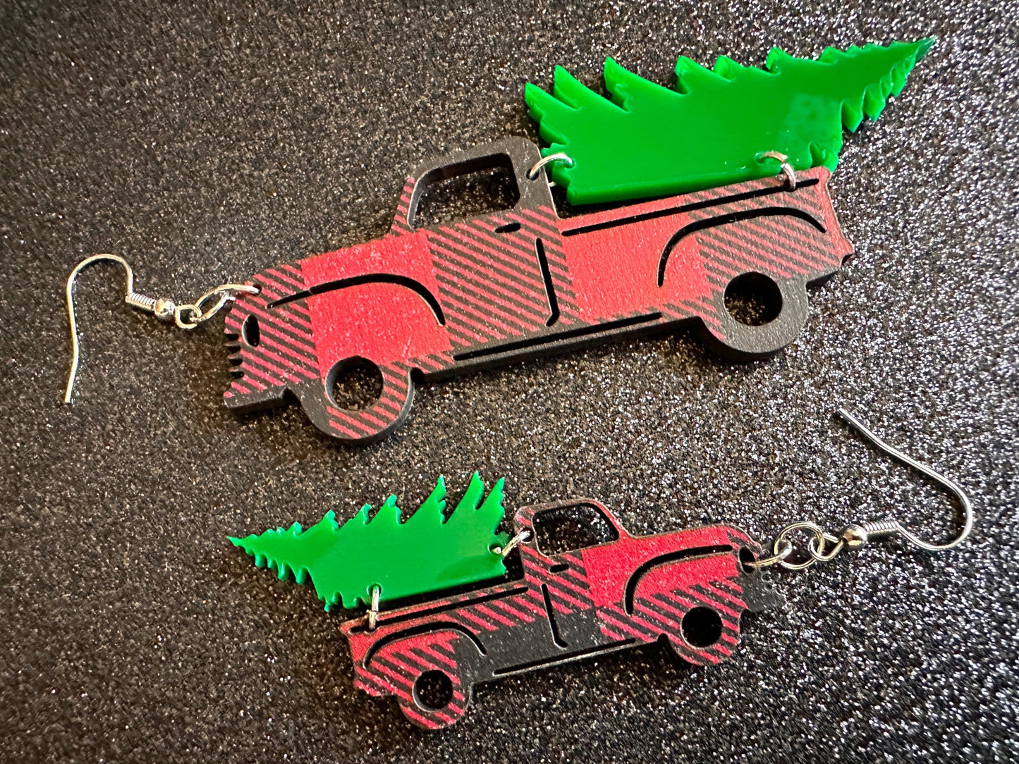 Christmas Truck Earrings: Laser Cut Acrylic Christmas Trees, Red Truck, X-mas, Xmas, Green Earrings, Winter, Best Gifts for Her/Him/Them