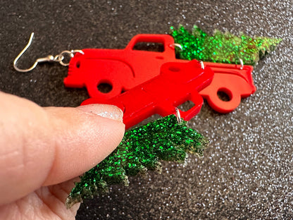 Christmas Truck Earrings: Laser Cut Acrylic Christmas Trees, Red Truck, X-mas, Xmas, Green Earrings, Winter, Best Gifts for Her/Him/Them