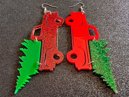 Christmas Truck Earrings: Laser Cut Acrylic Christmas Trees, Red Truck, X-mas, Xmas, Green Earrings, Winter, Best Gifts for Her/Him/Them