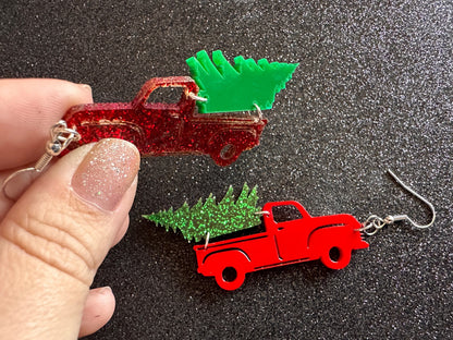 Christmas Truck Earrings: Laser Cut Acrylic Christmas Trees, Red Truck, X-mas, Xmas, Green Earrings, Winter, Best Gifts for Her/Him/Them