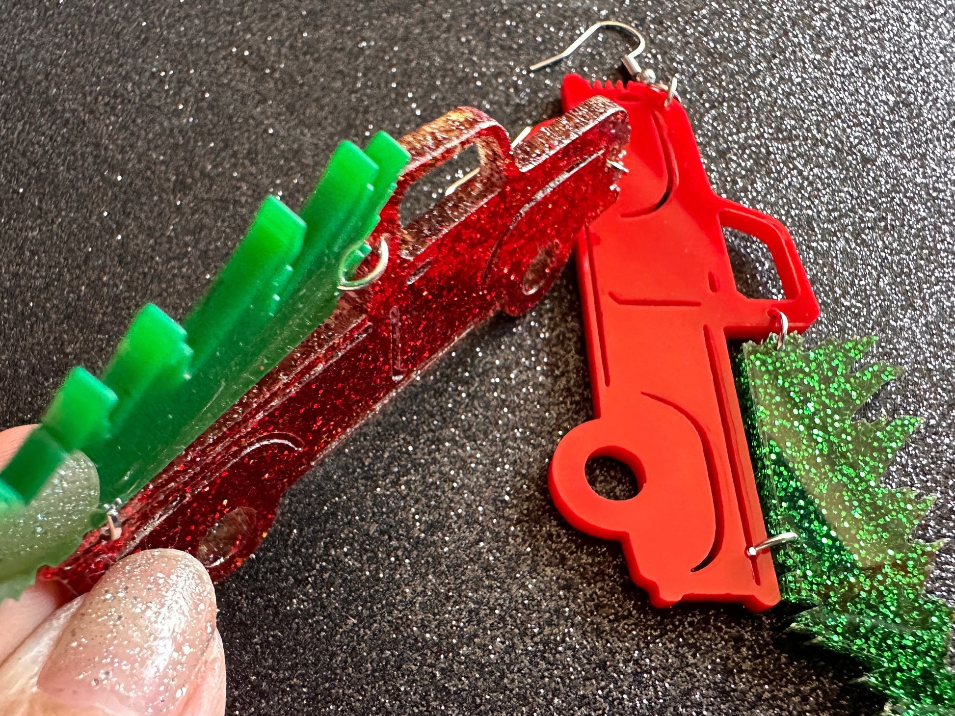 Christmas Truck Earrings: Laser Cut Acrylic Christmas Trees, Red Truck, X-mas, Xmas, Green Earrings, Winter, Best Gifts for Her/Him/Them