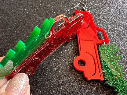 Christmas Truck Earrings: Laser Cut Acrylic Christmas Trees, Red Truck, X-mas, Xmas, Green Earrings, Winter, Best Gifts for Her/Him/Them
