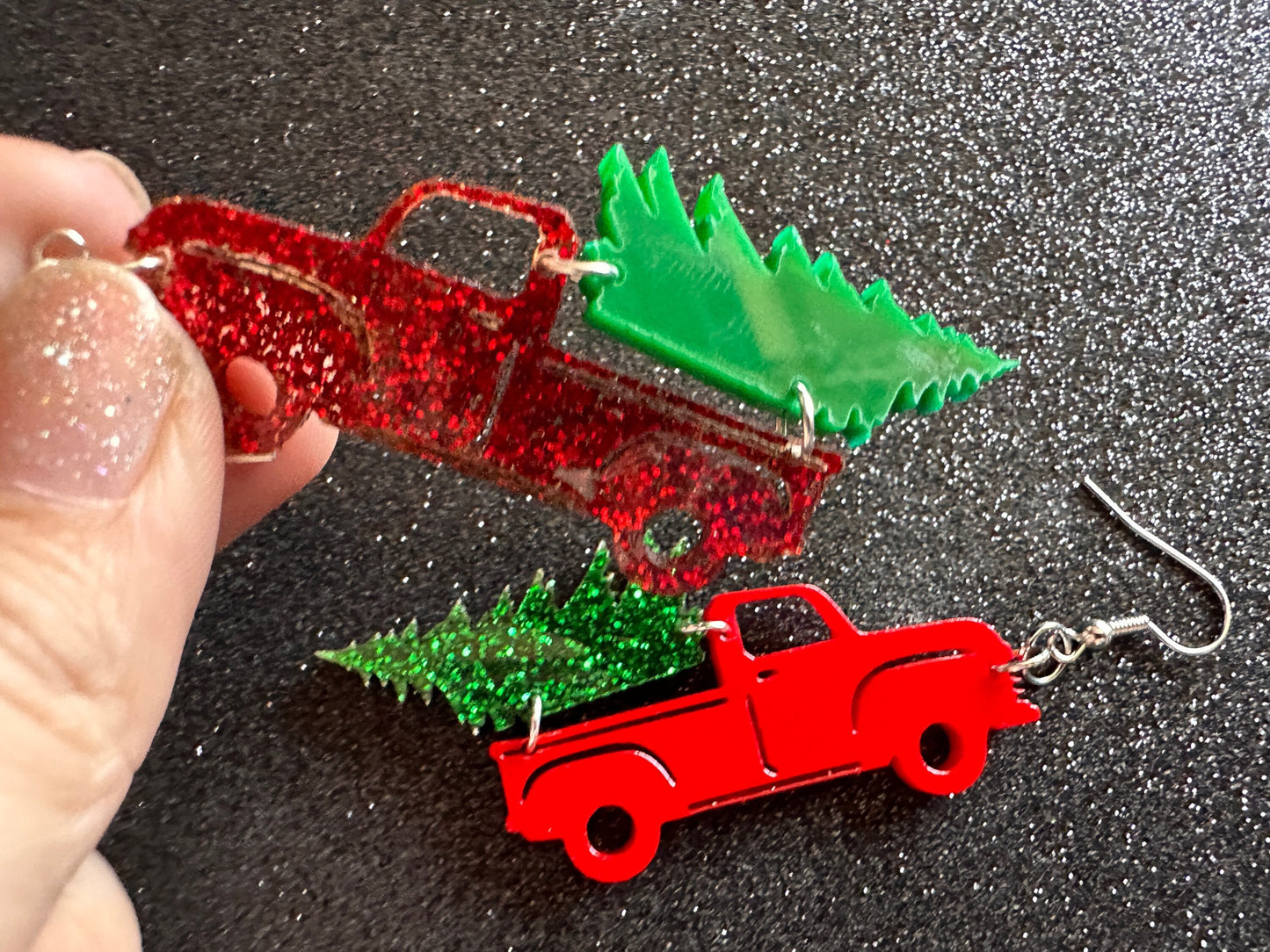 Christmas Truck Earrings: Laser Cut Acrylic Christmas Trees, Red Truck, X-mas, Xmas, Green Earrings, Winter, Best Gifts for Her/Him/Them