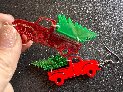 Christmas Truck Earrings: Laser Cut Acrylic Christmas Trees, Red Truck, X-mas, Xmas, Green Earrings, Winter, Best Gifts for Her/Him/Them