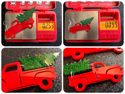 Christmas Truck Earrings: Laser Cut Acrylic Christmas Trees, Red Truck, X-mas, Xmas, Green Earrings, Winter, Best Gifts for Her/Him/Them