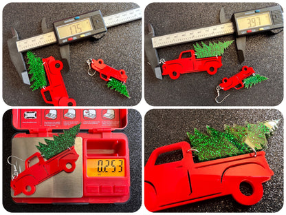 Christmas Truck Earrings: Laser Cut Acrylic Christmas Trees, Red Truck, X-mas, Xmas, Green Earrings, Winter, Best Gifts for Her/Him/Them