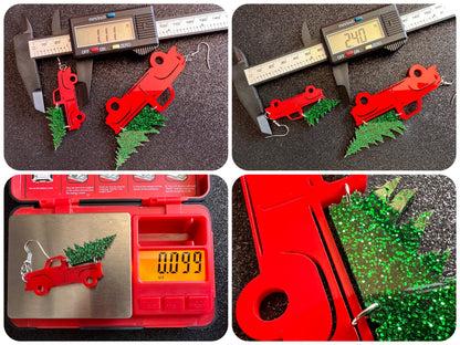 Christmas Truck Earrings: Laser Cut Acrylic Christmas Trees, Red Truck, X-mas, Xmas, Green Earrings, Winter, Best Gifts for Her/Him/Them