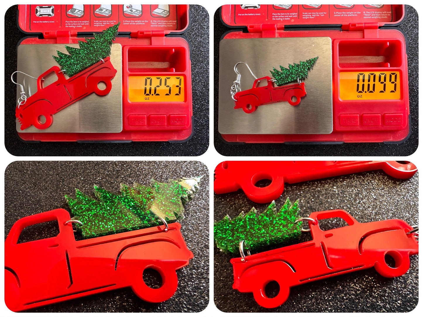 Christmas Truck Earrings: Laser Cut Acrylic Christmas Trees, Red Truck, X-mas, Xmas, Green Earrings, Winter, Best Gifts for Her/Him/Them
