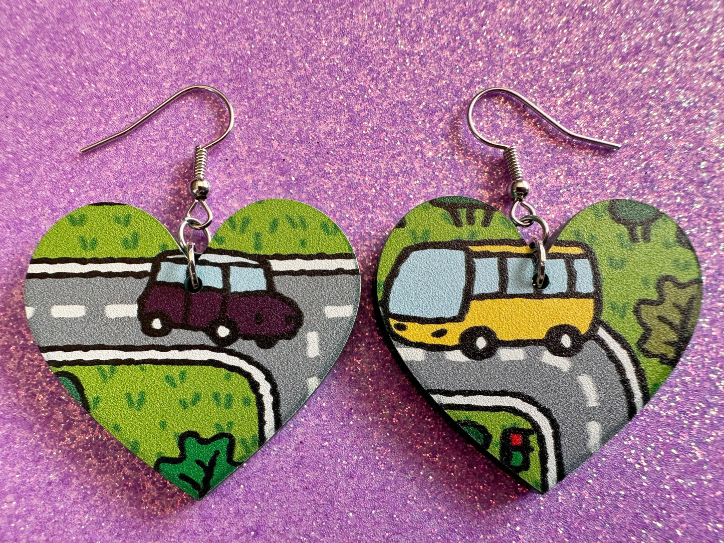 City Road Carpet Earrings: Laser Cut Acrylic Traffic Light, Car, Driving, Roads, Buildings, School Bus, Toy, Novelty, Gifts for Her/Him/Them