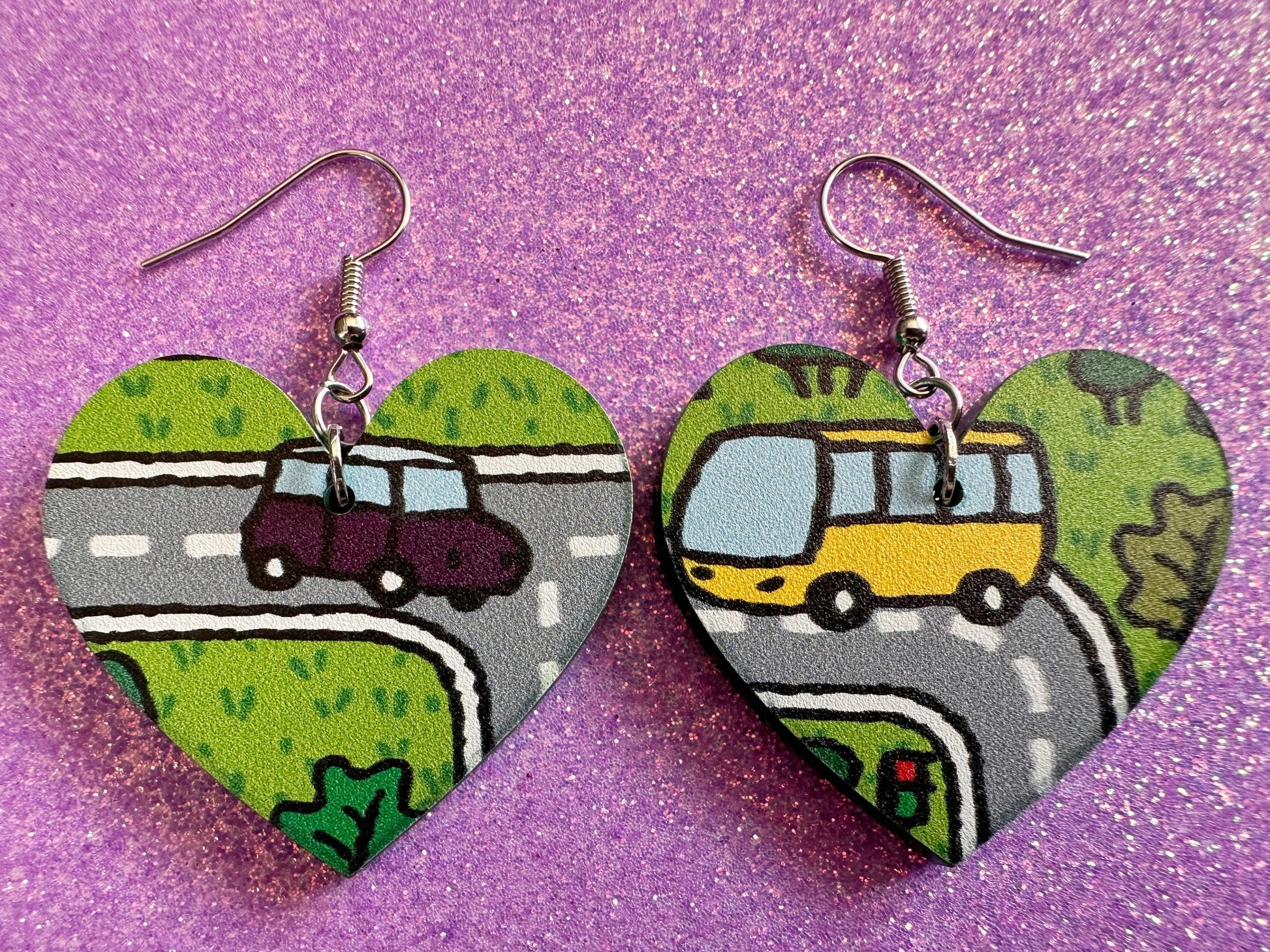 City Road Carpet Earrings: Laser Cut Acrylic Traffic Light, Car, Driving, Roads, Buildings, School Bus, Toy, Novelty, Gifts for Her/Him/Them