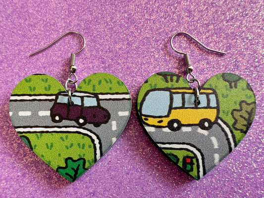 City Road Carpet Earrings: Laser Cut Acrylic Traffic Light, Car, Driving, Roads, Buildings, School Bus, Toy, Novelty, Gifts for Her/Him/Them
