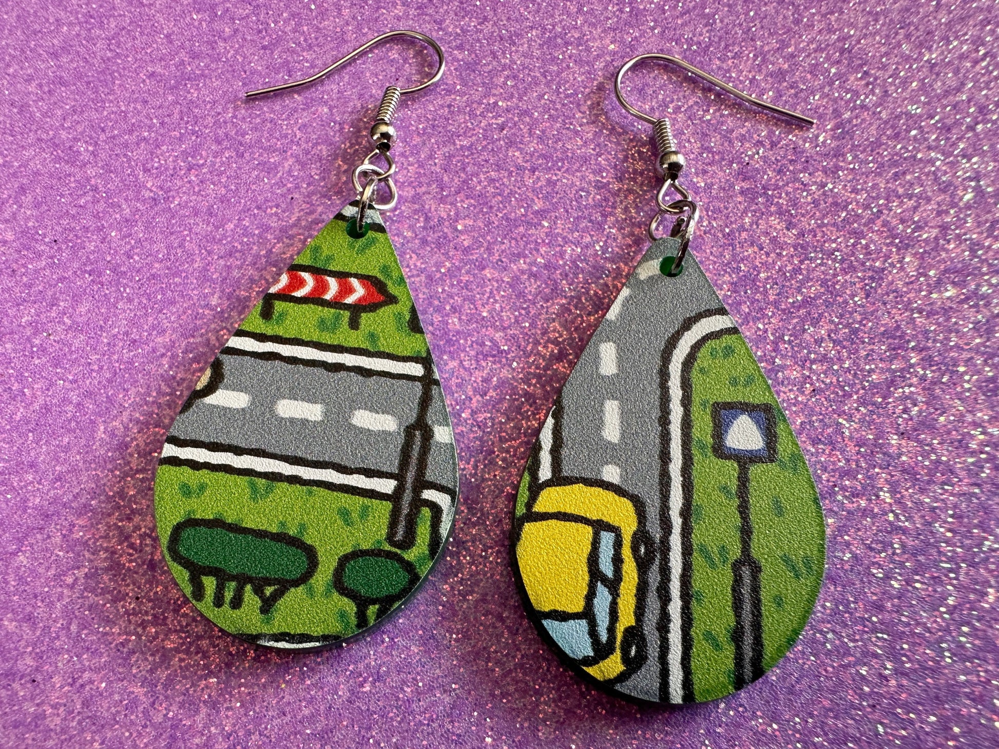 City Road Carpet Earrings: Laser Cut Acrylic Traffic Light, Car, Driving, Roads, Buildings, School Bus, Toy, Novelty, Gifts for Her/Him/Them