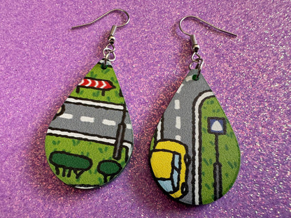 City Road Carpet Earrings: Laser Cut Acrylic Traffic Light, Car, Driving, Roads, Buildings, School Bus, Toy, Novelty, Gifts for Her/Him/Them