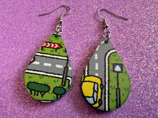City Road Carpet Earrings: Laser Cut Acrylic Traffic Light, Car, Driving, Roads, Buildings, School Bus, Toy, Novelty, Gifts for Her/Him/Them