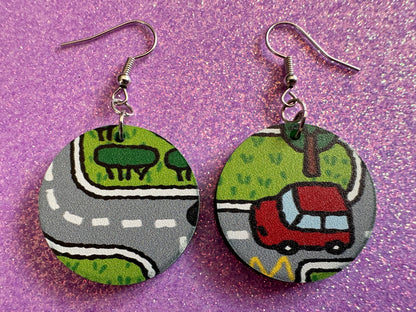 City Road Carpet Earrings: Laser Cut Acrylic Traffic Light, Car, Driving, Roads, Buildings, School Bus, Toy, Novelty, Gifts for Her/Him/Them