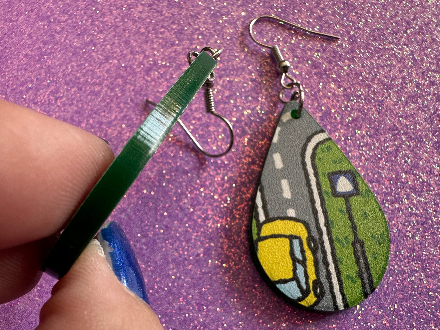 City Road Carpet Earrings: Laser Cut Acrylic Traffic Light, Car, Driving, Roads, Buildings, School Bus, Toy, Novelty, Gifts for Her/Him/Them