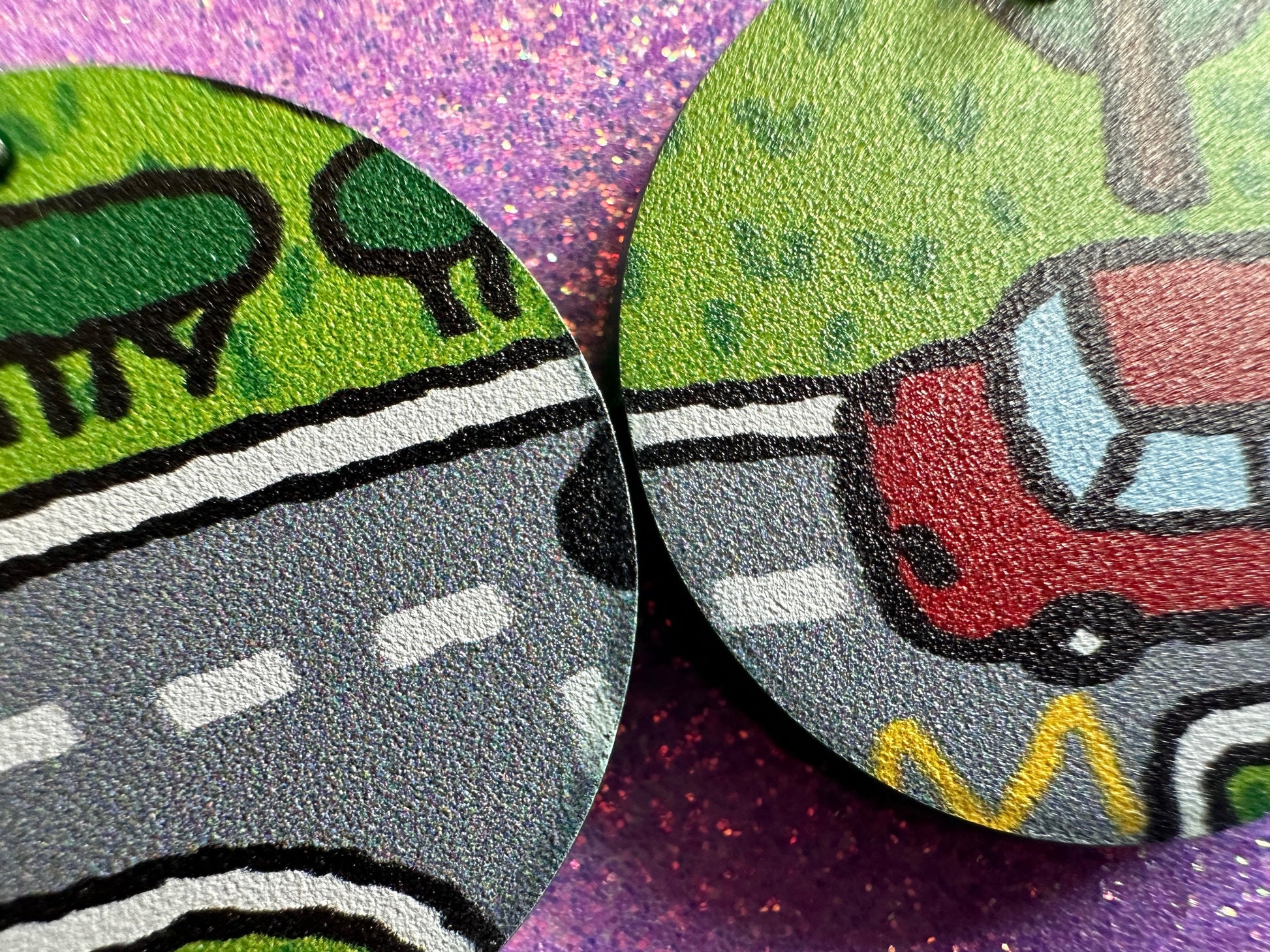 City Road Carpet Earrings: Laser Cut Acrylic Traffic Light, Car, Driving, Roads, Buildings, School Bus, Toy, Novelty, Gifts for Her/Him/Them