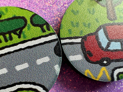 City Road Carpet Earrings: Laser Cut Acrylic Traffic Light, Car, Driving, Roads, Buildings, School Bus, Toy, Novelty, Gifts for Her/Him/Them