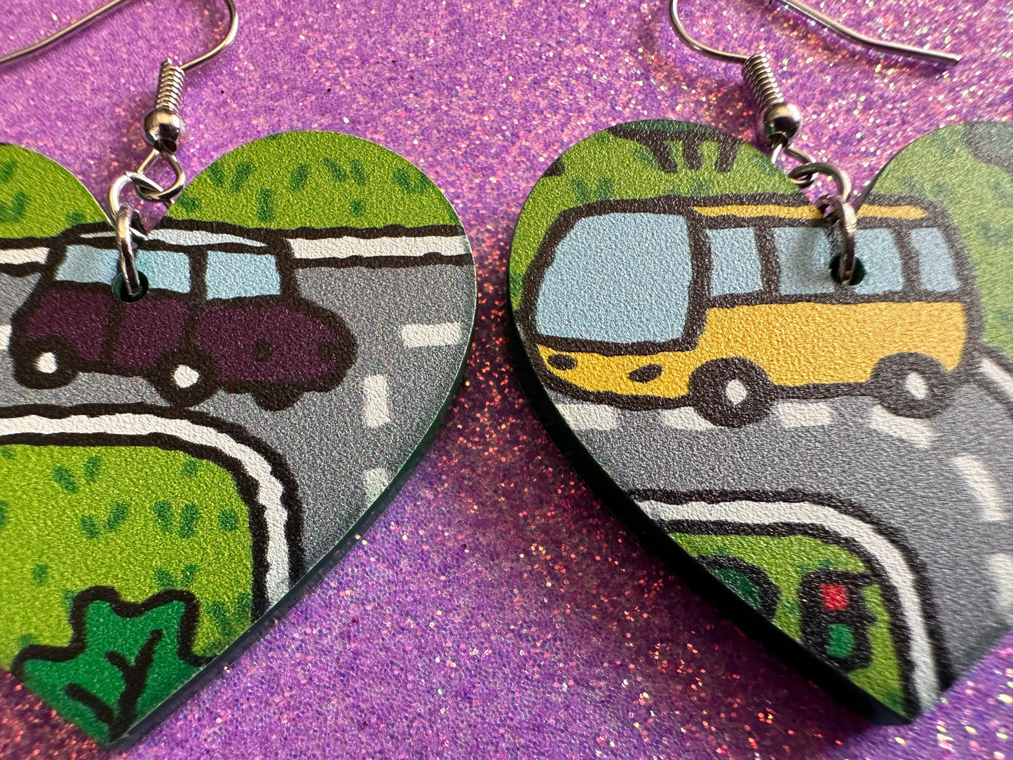 City Road Carpet Earrings: Laser Cut Acrylic Traffic Light, Car, Driving, Roads, Buildings, School Bus, Toy, Novelty, Gifts for Her/Him/Them