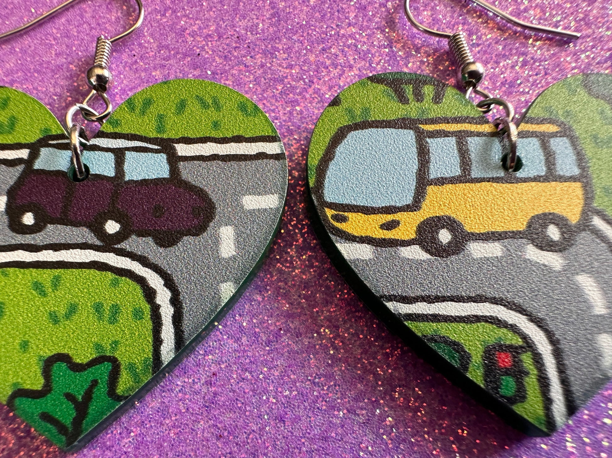City Road Carpet Earrings: Laser Cut Acrylic Traffic Light, Car, Driving, Roads, Buildings, School Bus, Toy, Novelty, Gifts for Her/Him/Them