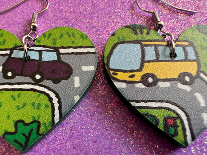City Road Carpet Earrings: Laser Cut Acrylic Traffic Light, Car, Driving, Roads, Buildings, School Bus, Toy, Novelty, Gifts for Her/Him/Them