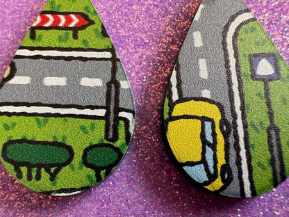 City Road Carpet Earrings: Laser Cut Acrylic Traffic Light, Car, Driving, Roads, Buildings, School Bus, Toy, Novelty, Gifts for Her/Him/Them