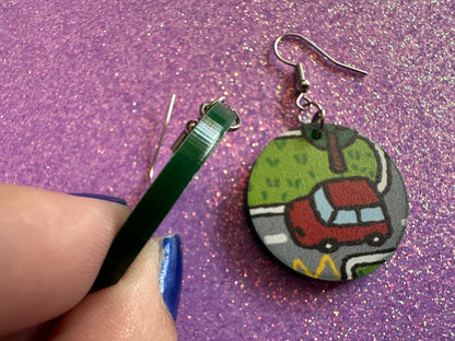 City Road Carpet Earrings: Laser Cut Acrylic Traffic Light, Car, Driving, Roads, Buildings, School Bus, Toy, Novelty, Gifts for Her/Him/Them