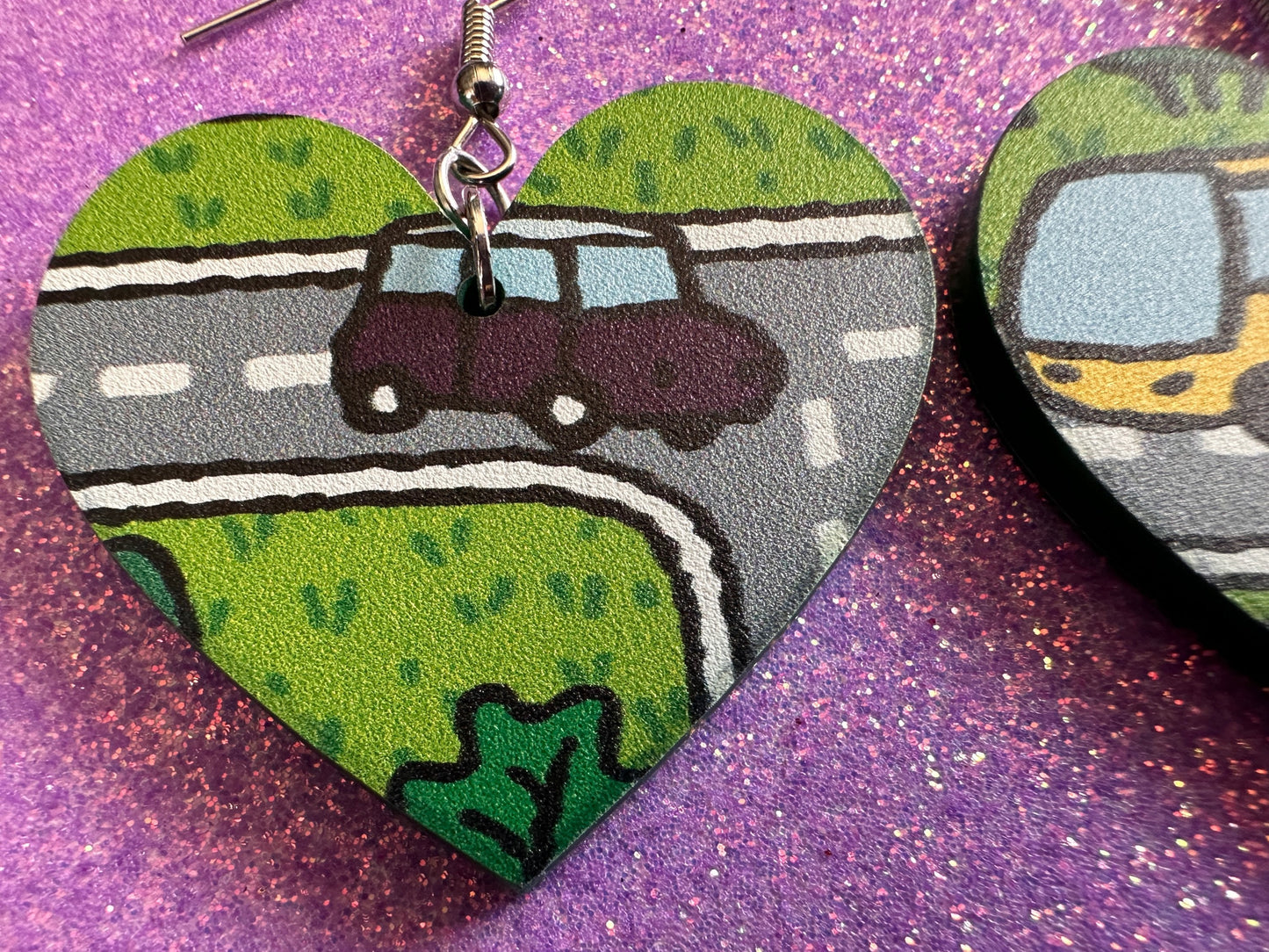 City Road Carpet Earrings: Laser Cut Acrylic Traffic Light, Car, Driving, Roads, Buildings, School Bus, Toy, Novelty, Gifts for Her/Him/Them