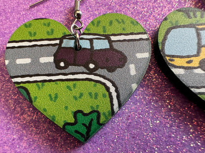 City Road Carpet Earrings: Laser Cut Acrylic Traffic Light, Car, Driving, Roads, Buildings, School Bus, Toy, Novelty, Gifts for Her/Him/Them