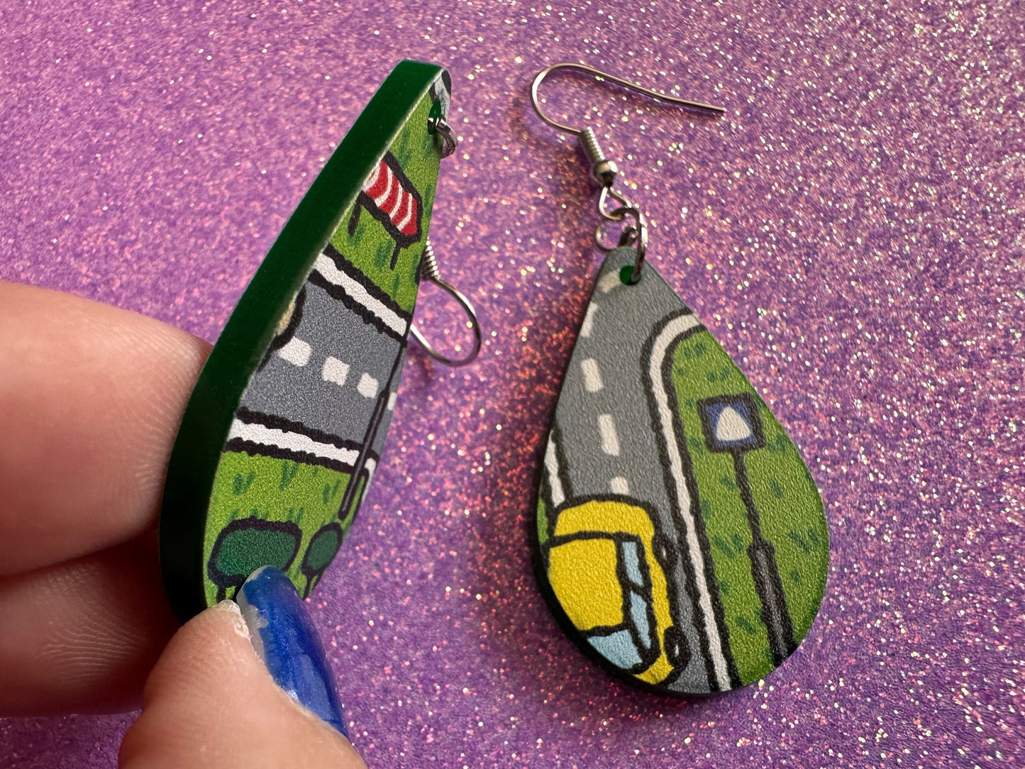 City Road Carpet Earrings: Laser Cut Acrylic Traffic Light, Car, Driving, Roads, Buildings, School Bus, Toy, Novelty, Gifts for Her/Him/Them