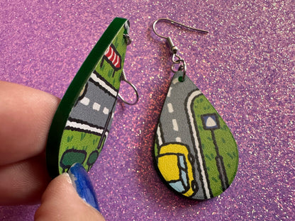 City Road Carpet Earrings: Laser Cut Acrylic Traffic Light, Car, Driving, Roads, Buildings, School Bus, Toy, Novelty, Gifts for Her/Him/Them