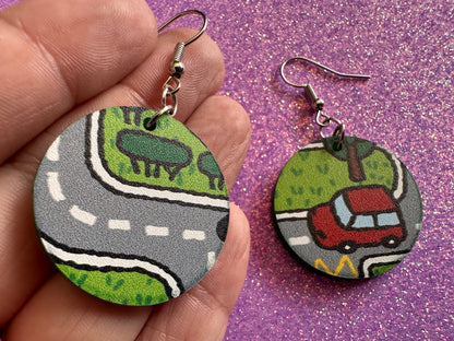 City Road Carpet Earrings: Laser Cut Acrylic Traffic Light, Car, Driving, Roads, Buildings, School Bus, Toy, Novelty, Gifts for Her/Him/Them