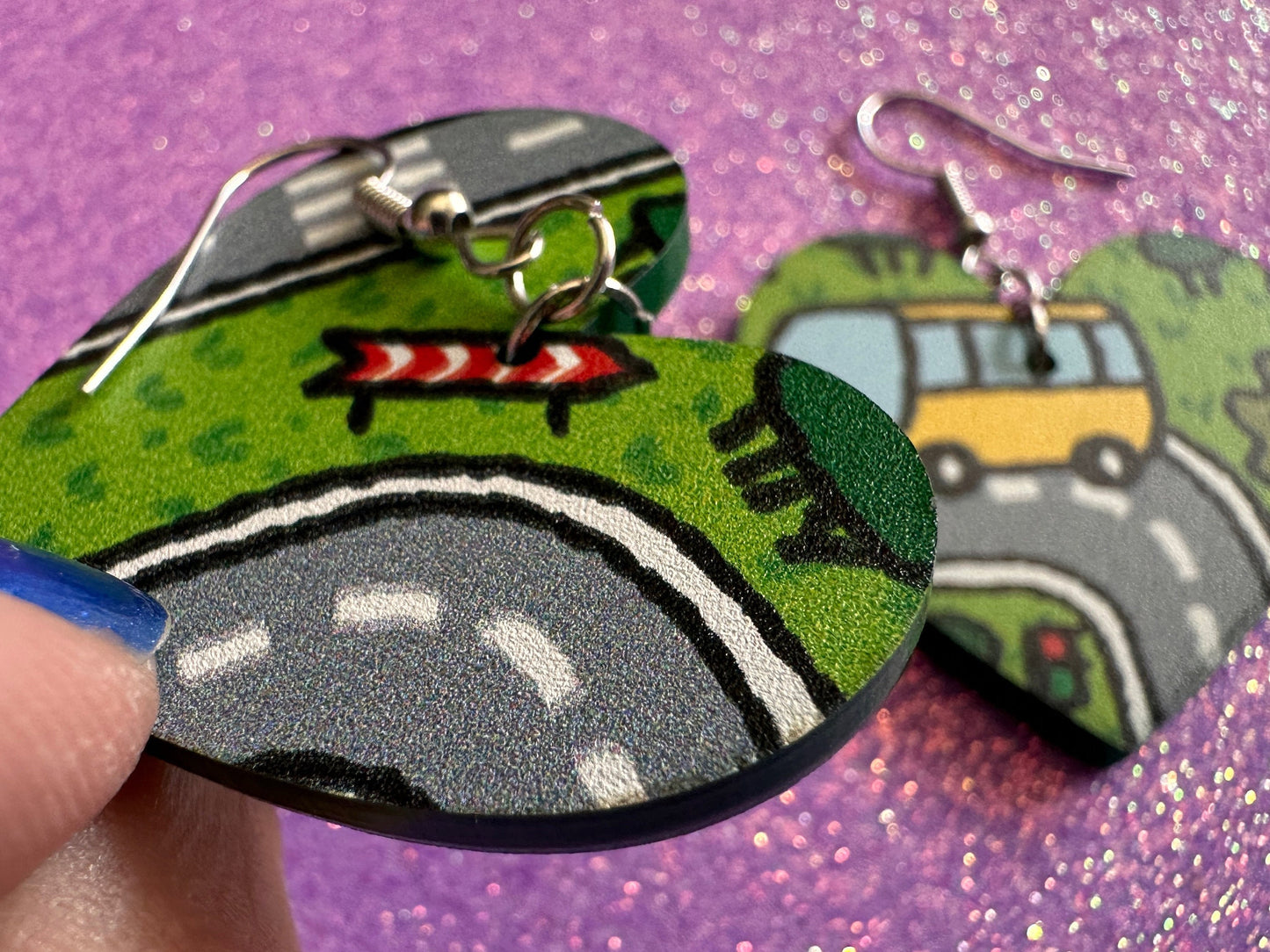 City Road Carpet Earrings: Laser Cut Acrylic Traffic Light, Car, Driving, Roads, Buildings, School Bus, Toy, Novelty, Gifts for Her/Him/Them