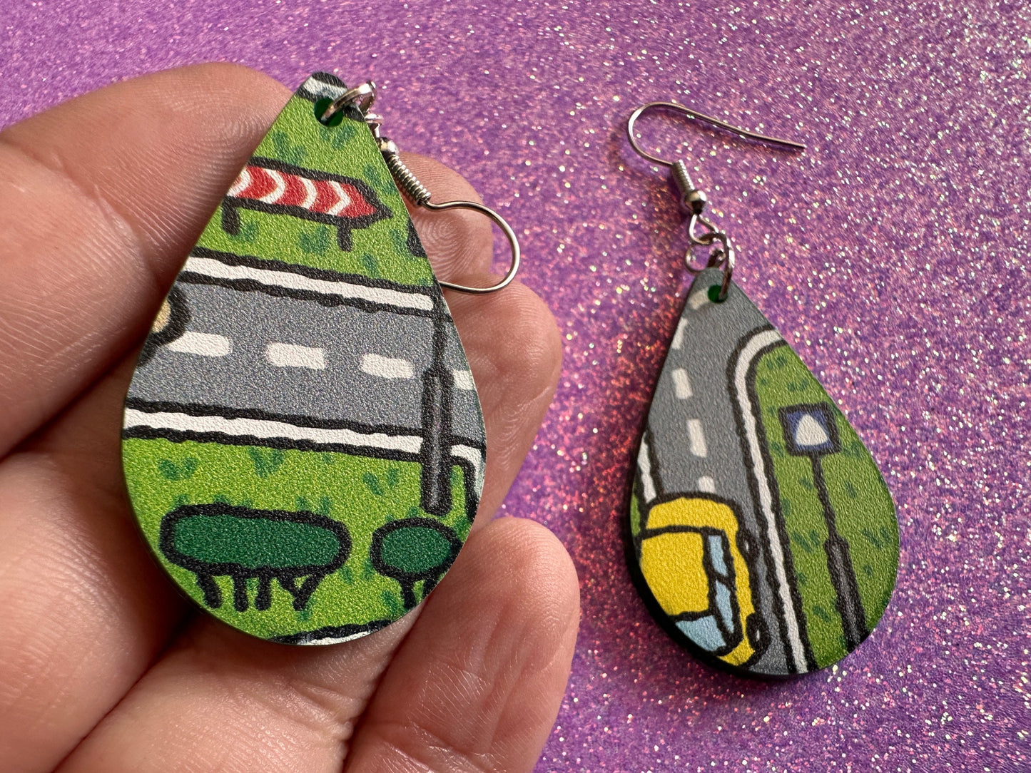 City Road Carpet Earrings: Laser Cut Acrylic Traffic Light, Car, Driving, Roads, Buildings, School Bus, Toy, Novelty, Gifts for Her/Him/Them