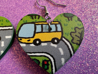 City Road Carpet Earrings: Laser Cut Acrylic Traffic Light, Car, Driving, Roads, Buildings, School Bus, Toy, Novelty, Gifts for Her/Him/Them