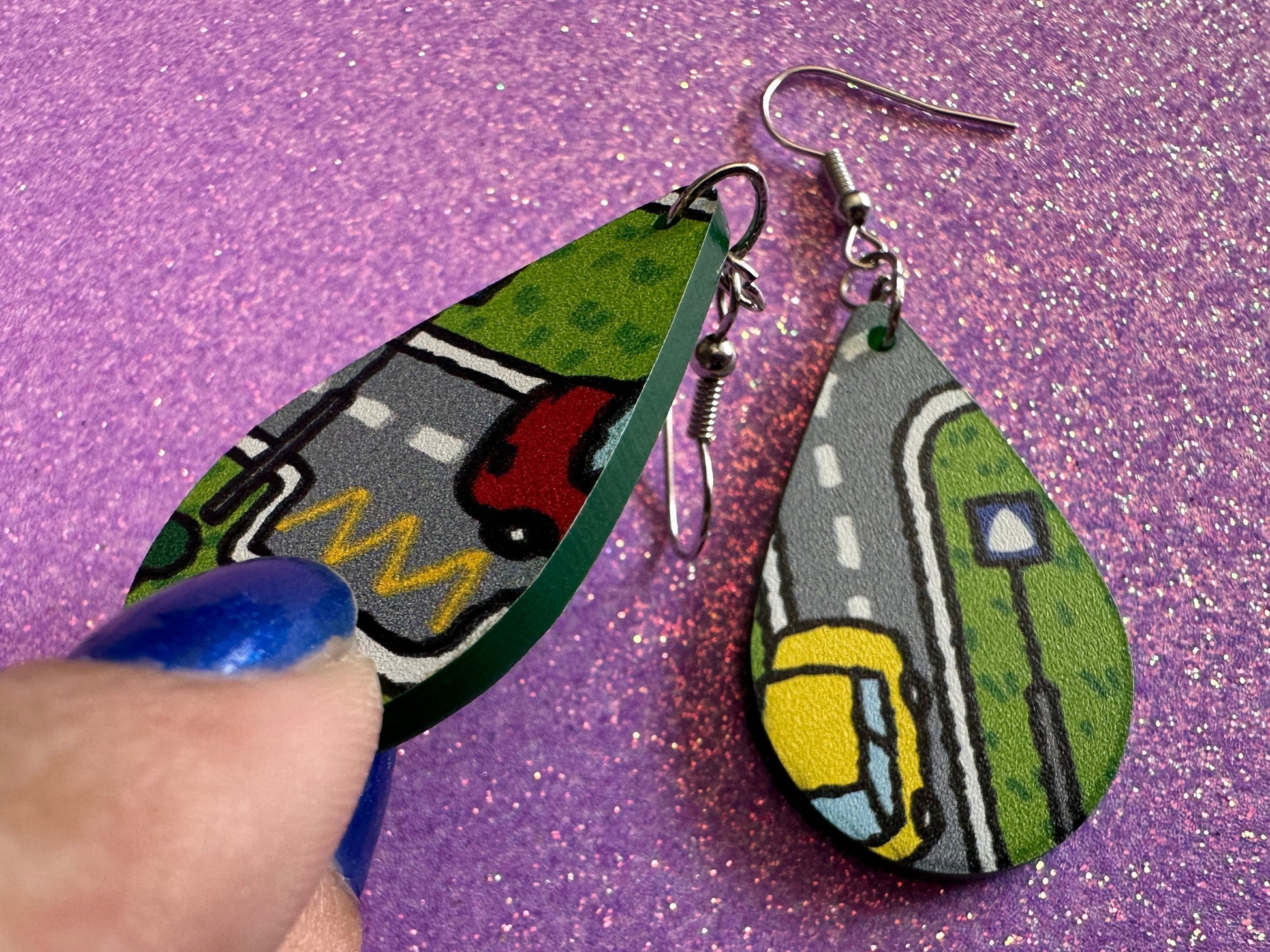 City Road Carpet Earrings: Laser Cut Acrylic Traffic Light, Car, Driving, Roads, Buildings, School Bus, Toy, Novelty, Gifts for Her/Him/Them