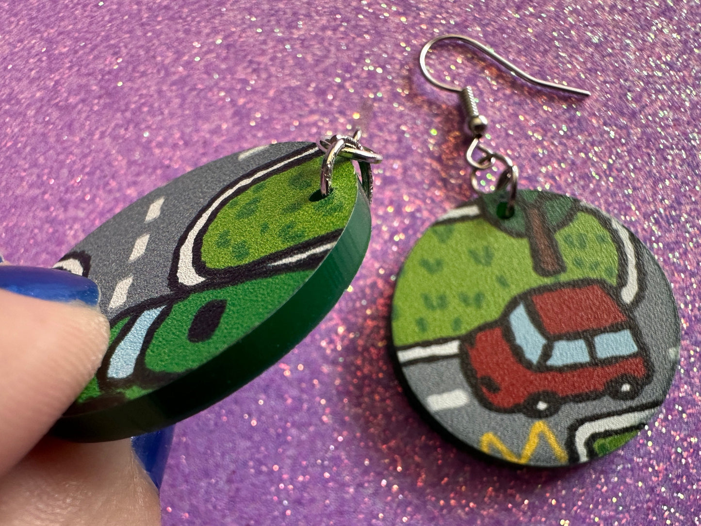 City Road Carpet Earrings: Laser Cut Acrylic Traffic Light, Car, Driving, Roads, Buildings, School Bus, Toy, Novelty, Gifts for Her/Him/Them