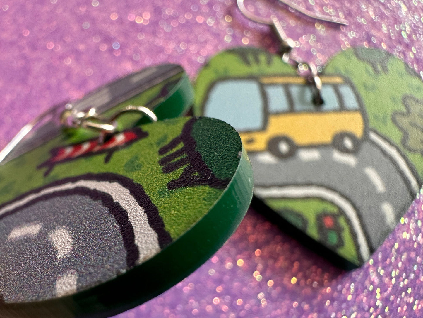 City Road Carpet Earrings: Laser Cut Acrylic Traffic Light, Car, Driving, Roads, Buildings, School Bus, Toy, Novelty, Gifts for Her/Him/Them