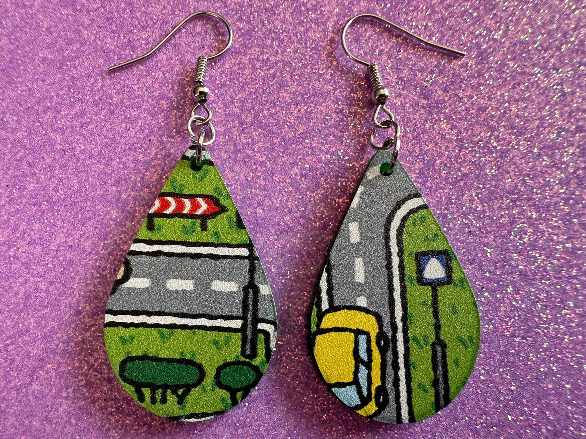 City Road Carpet Earrings: Laser Cut Acrylic Traffic Light, Car, Driving, Roads, Buildings, School Bus, Toy, Novelty, Gifts for Her/Him/Them