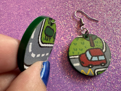 City Road Carpet Earrings: Laser Cut Acrylic Traffic Light, Car, Driving, Roads, Buildings, School Bus, Toy, Novelty, Gifts for Her/Him/Them