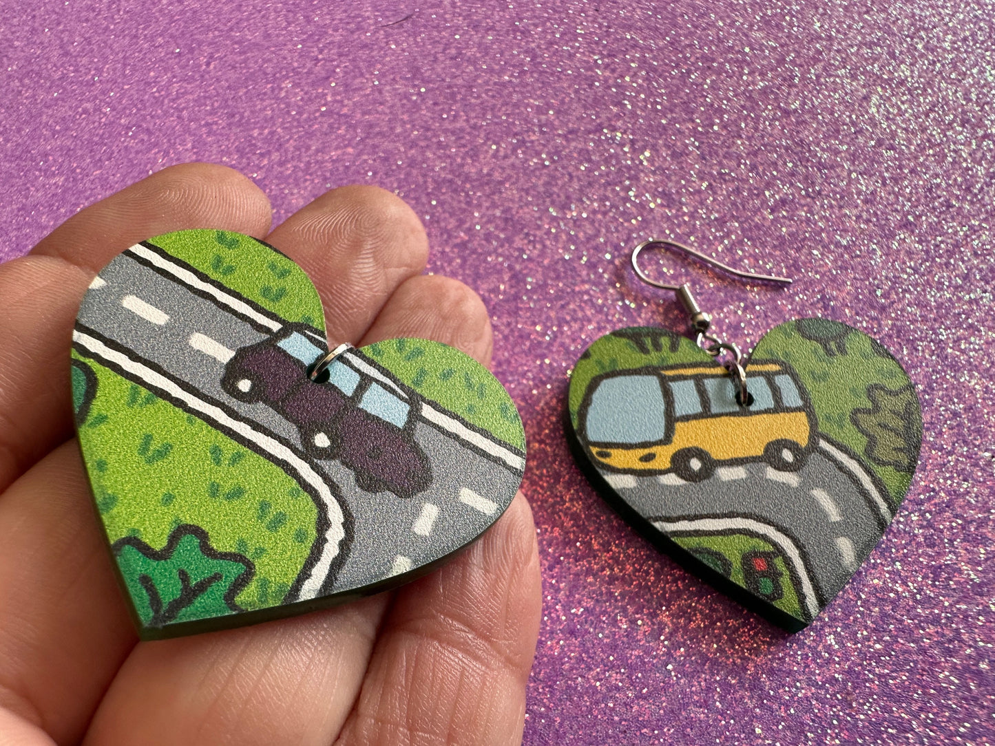 City Road Carpet Earrings: Laser Cut Acrylic Traffic Light, Car, Driving, Roads, Buildings, School Bus, Toy, Novelty, Gifts for Her/Him/Them