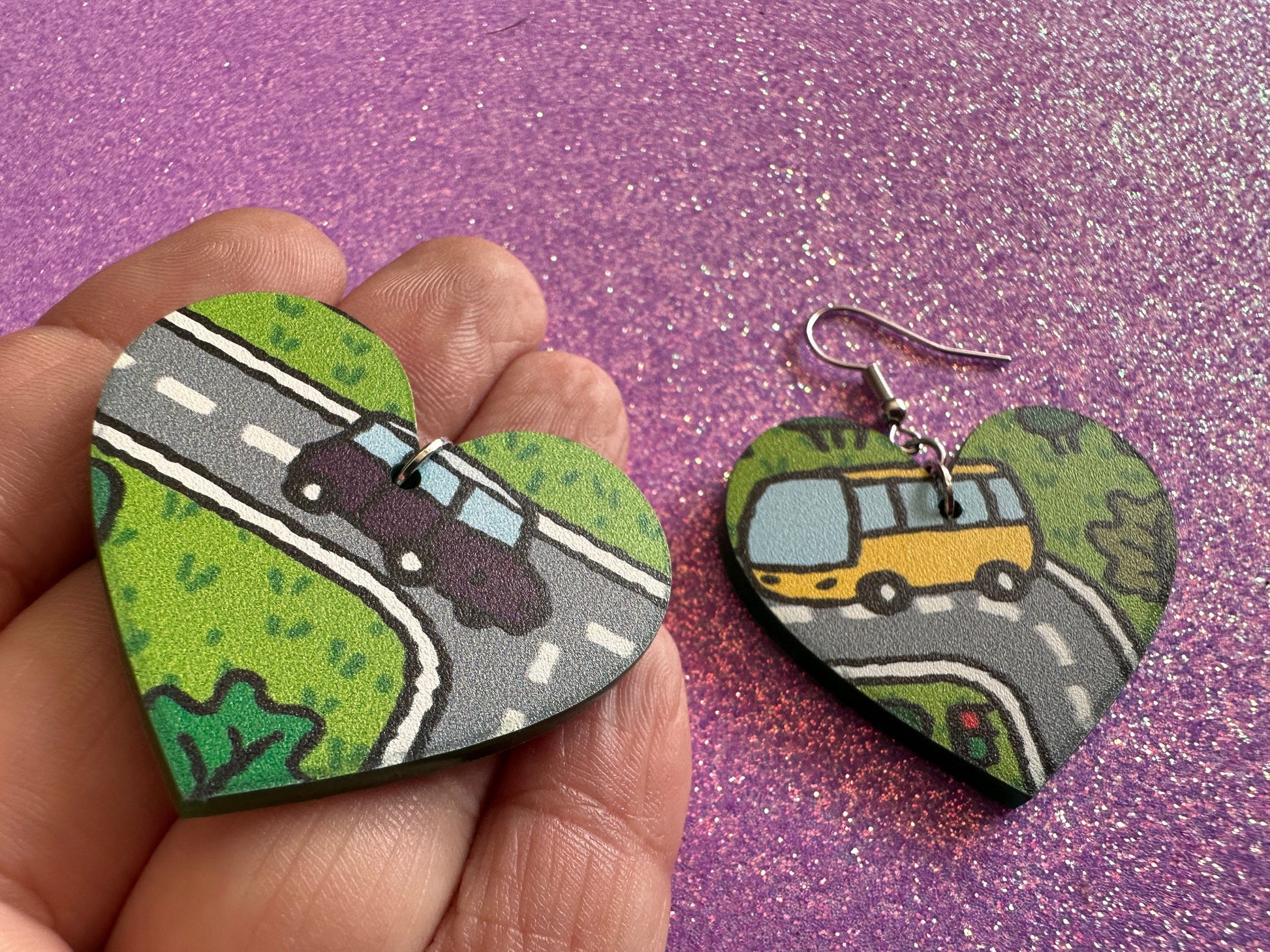 City Road Carpet Earrings: Laser Cut Acrylic Traffic Light, Car, Driving, Roads, Buildings, School Bus, Toy, Novelty, Gifts for Her/Him/Them